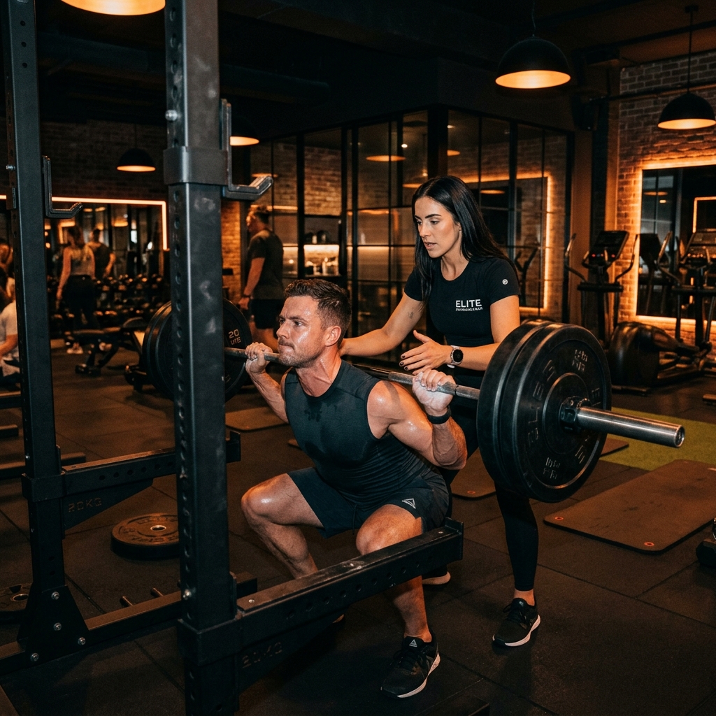 Elite personal trainer coaching client during a heavy squad workout